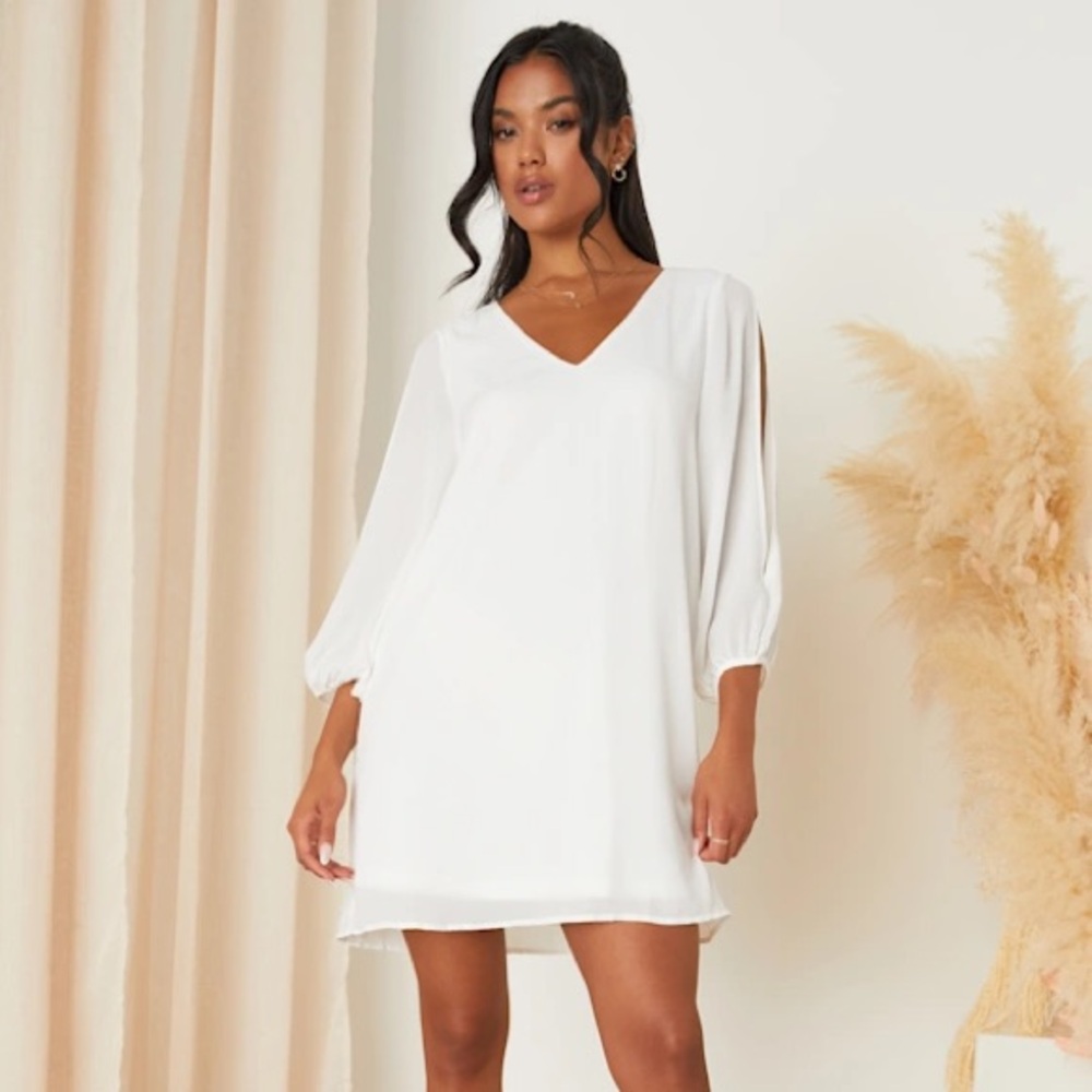 Lulu's White V-Neck Dress with Slit Sleeves